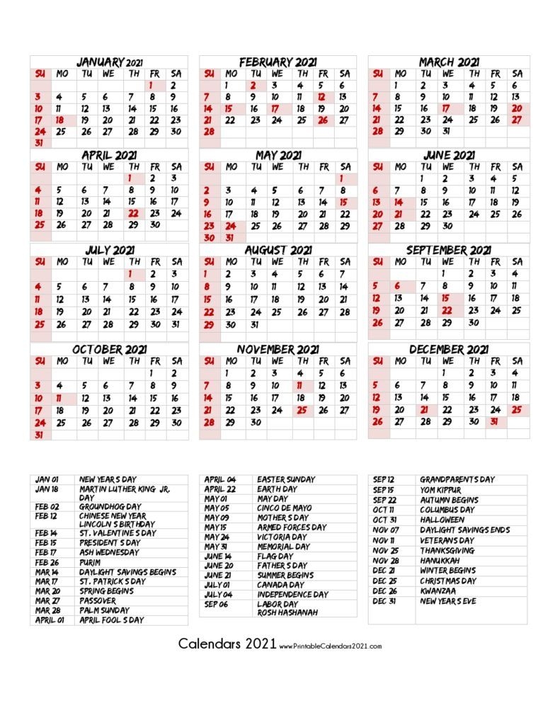 68 Design Printable 2021 Calendar One Page With Holidays