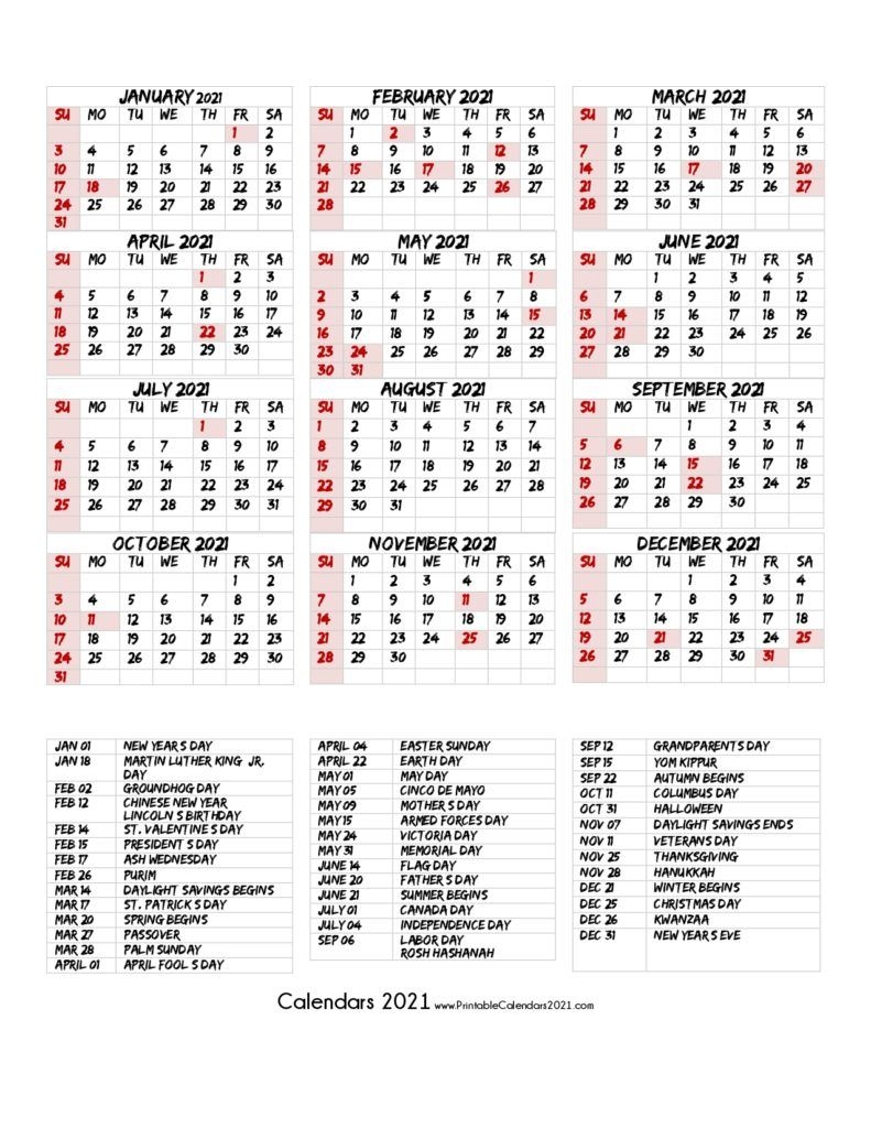 68 Printable 2021 Yearly Calendar With Holidays, Portrait