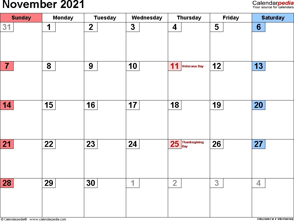 8 1/2 X 11 November 2021 Blank Calendar Calendar