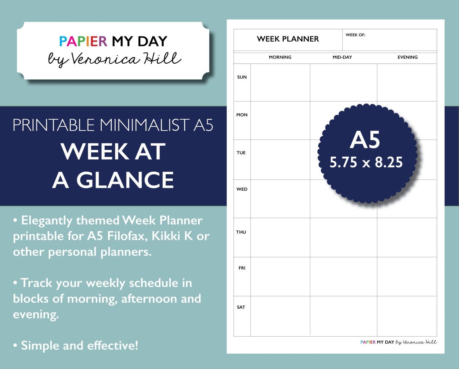 A5 Filofax Week At A Glance Week On One Page Minimalist