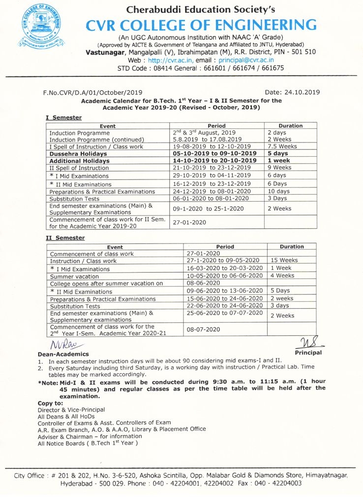 Academic Calendar 2019 2020 Department Of Mechanical