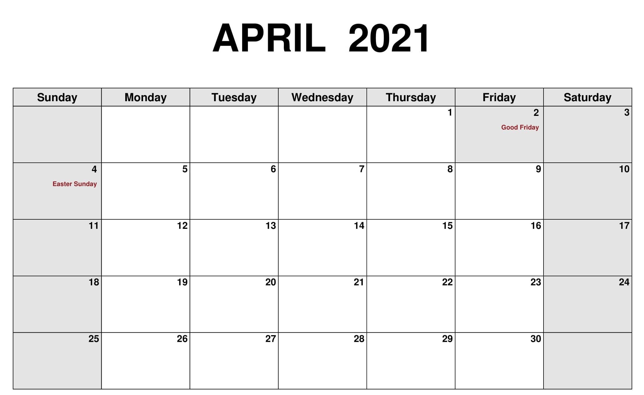 April 2021 Calendar With Holidays | Free Printable