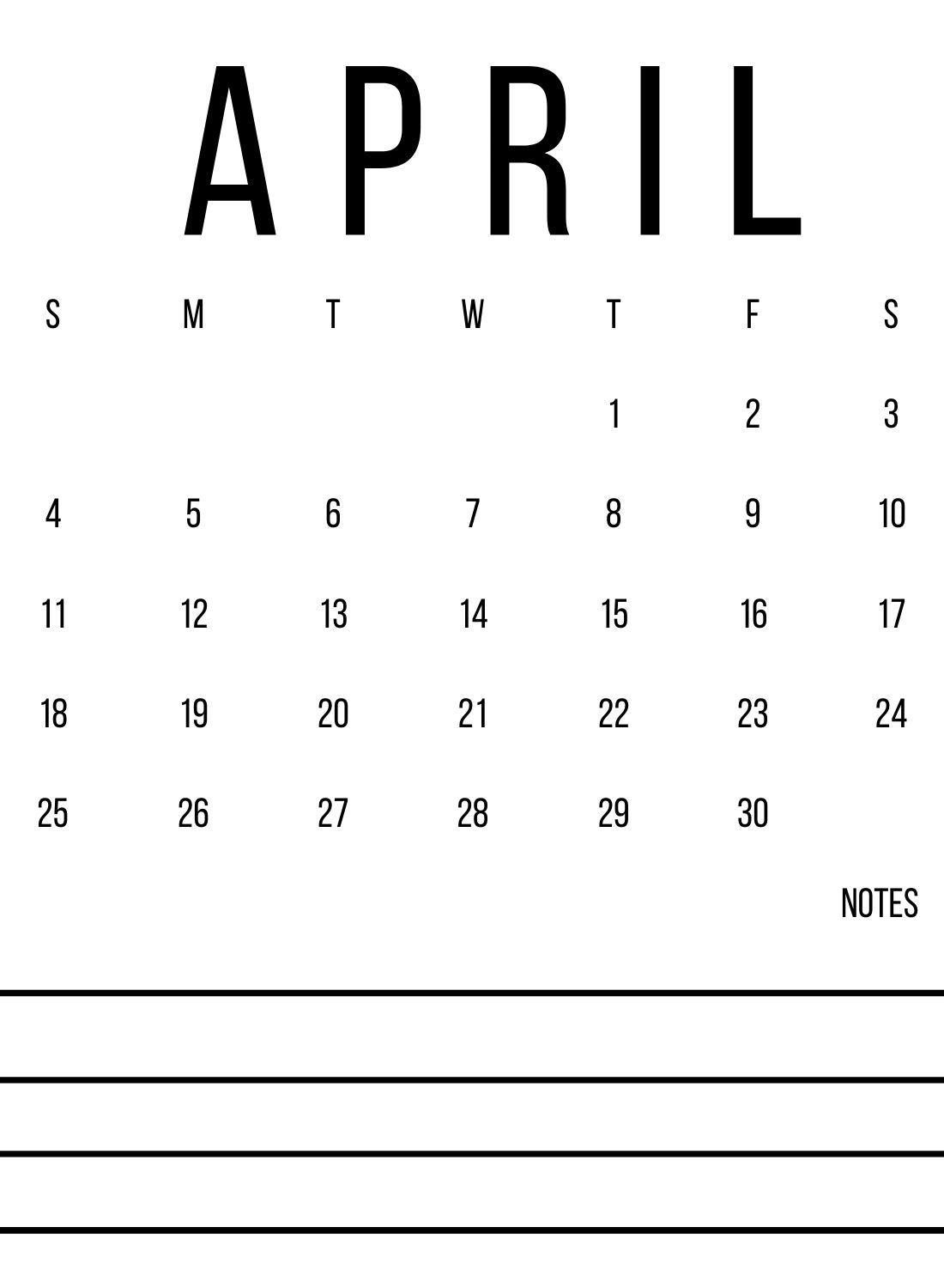 April 2021 Calendar With Space For Notes Free Download