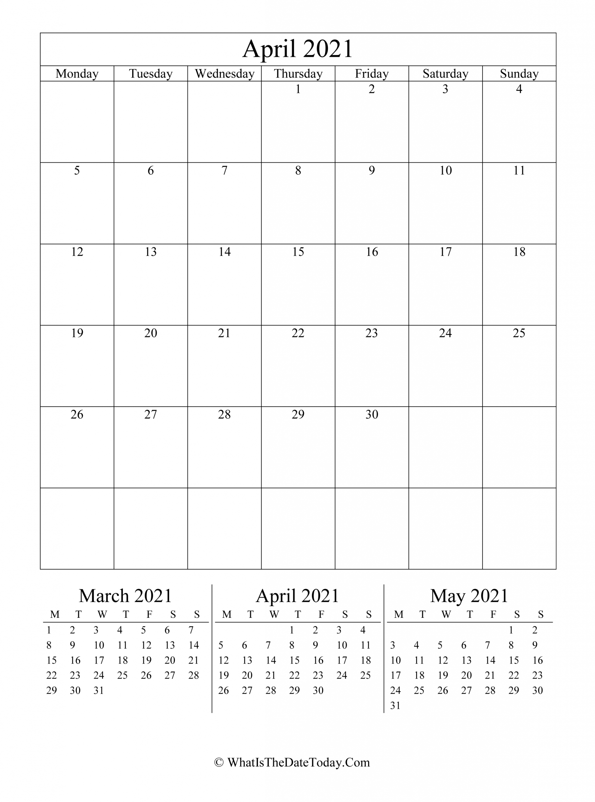 April 2021 Editable Calendar (vertical Layout