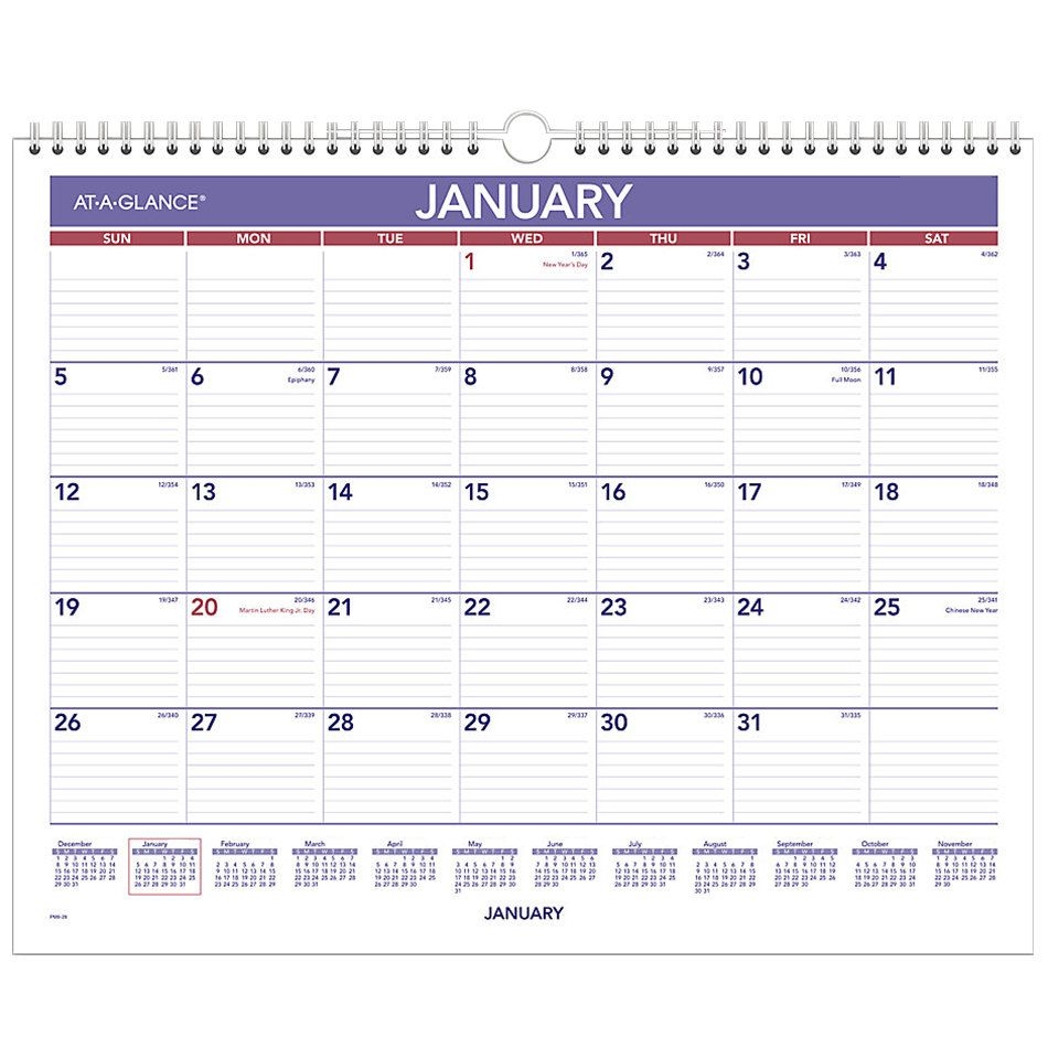 At A Glance Pm828 12" X 15" Blue / Red Monthly January