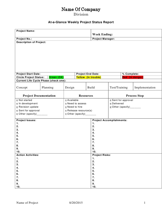 At A Glance Weekly Project Status Report Template Download