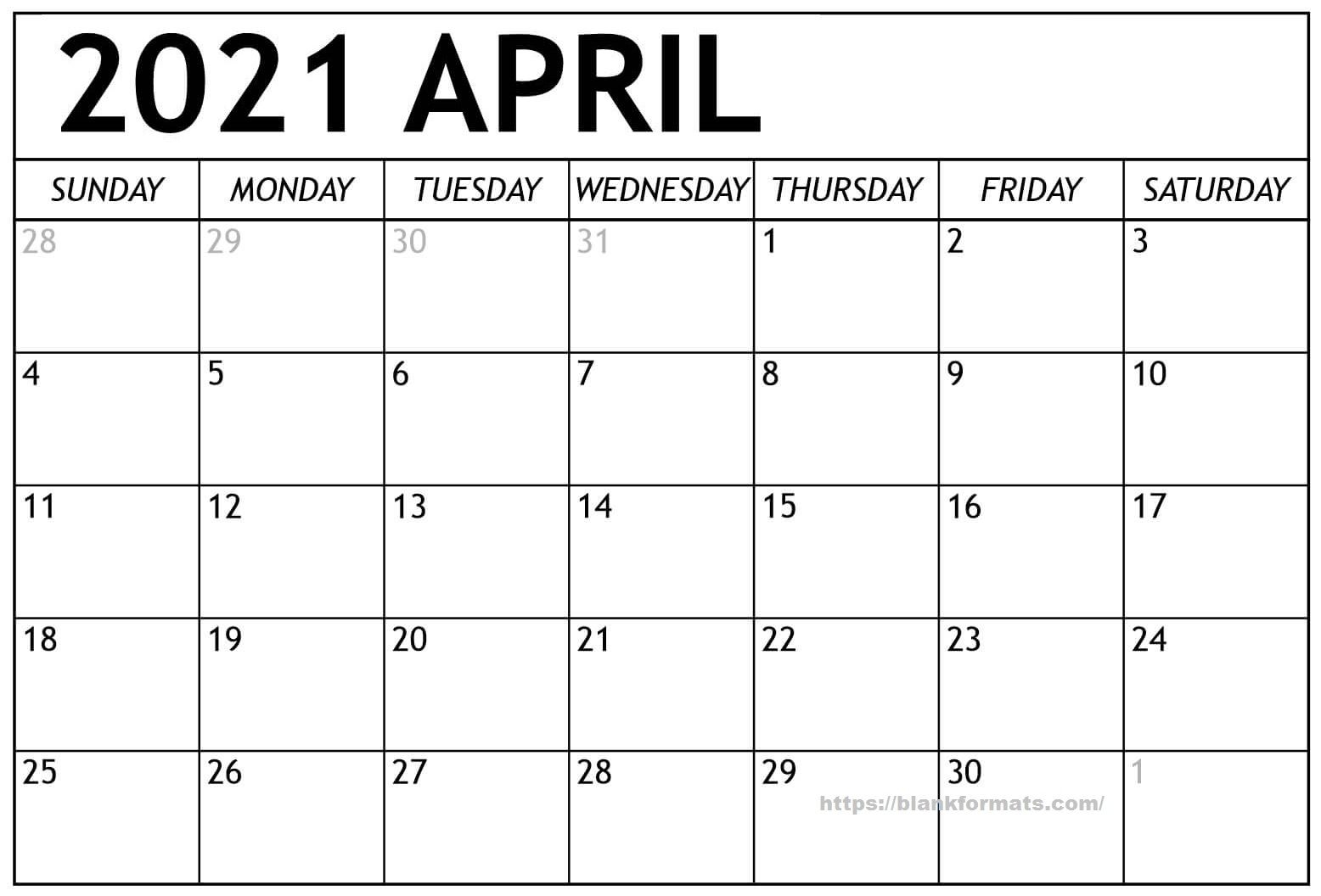 blank april 2021 calendar sheet with notes and large space