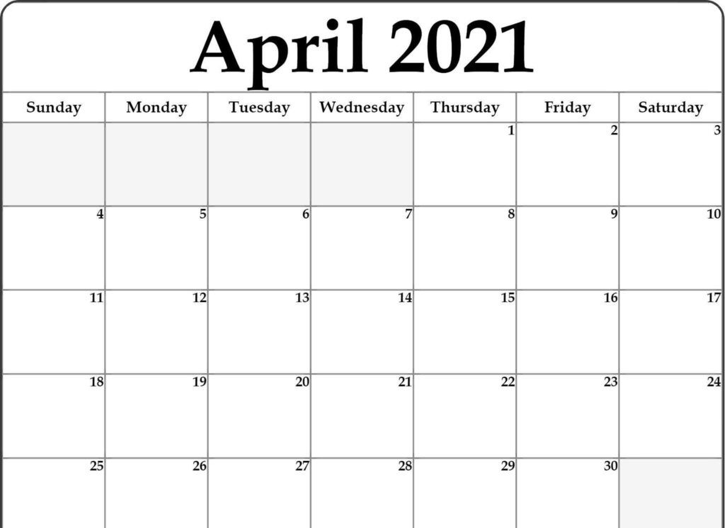 blank april 2021 calendar template monthly planner