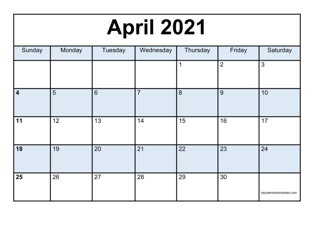 blank april 2021 calendar template monthly planner