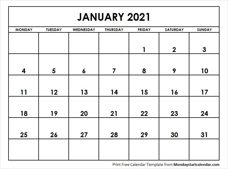 Blank January Calendar 2021 Starting Monday Archives