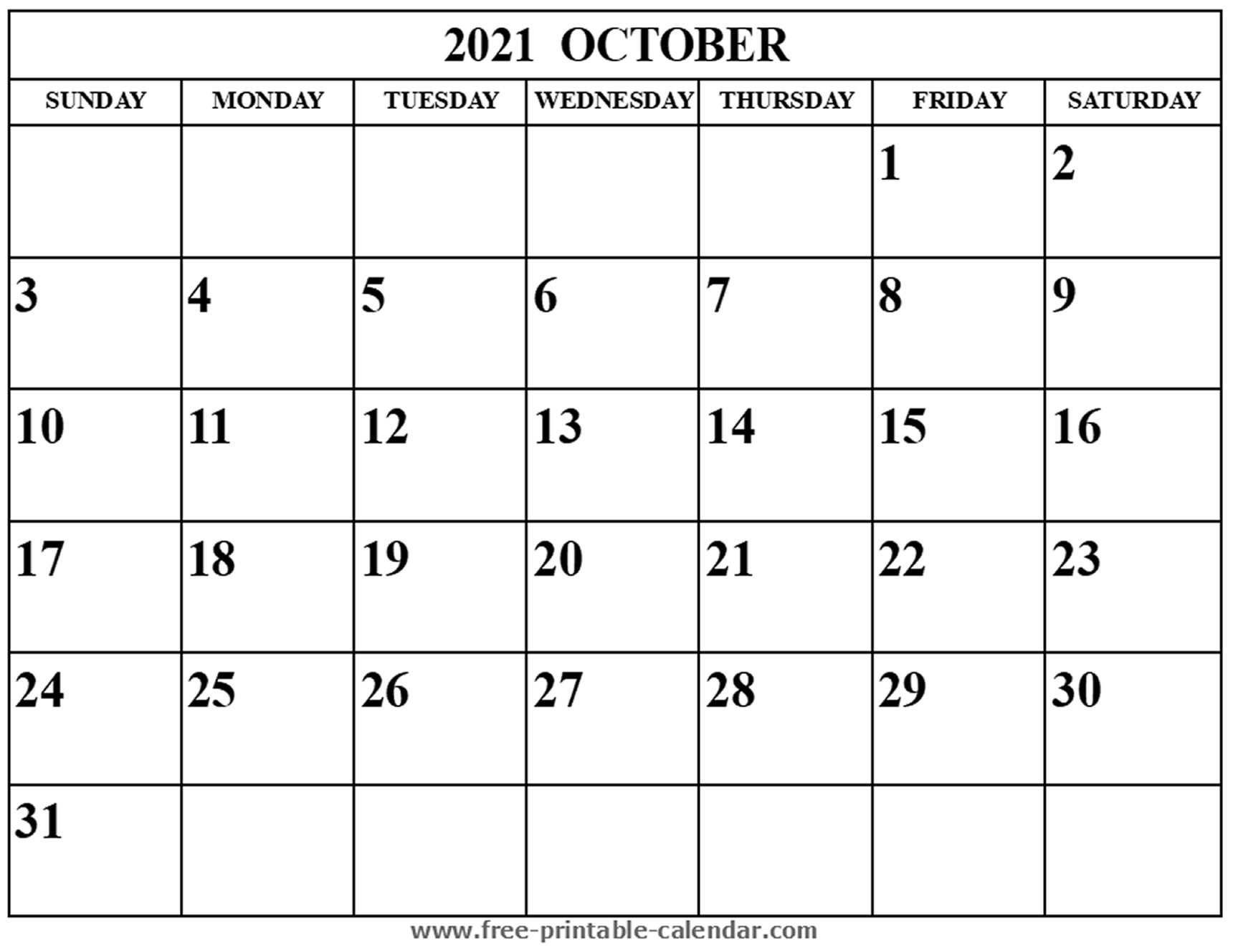 Blank October 2021 Calendar Free Printable Calendar