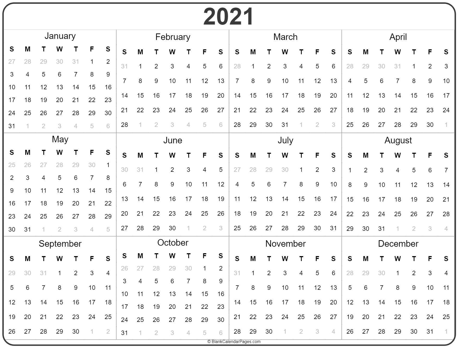 Blank Yearly Calendar 2021 | Calendar Template Printable