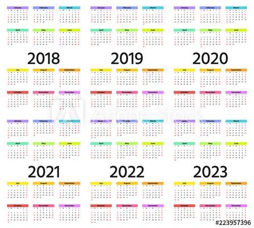 calendar 2018, 2019, 2020, 2021, 2022, 2023 year week