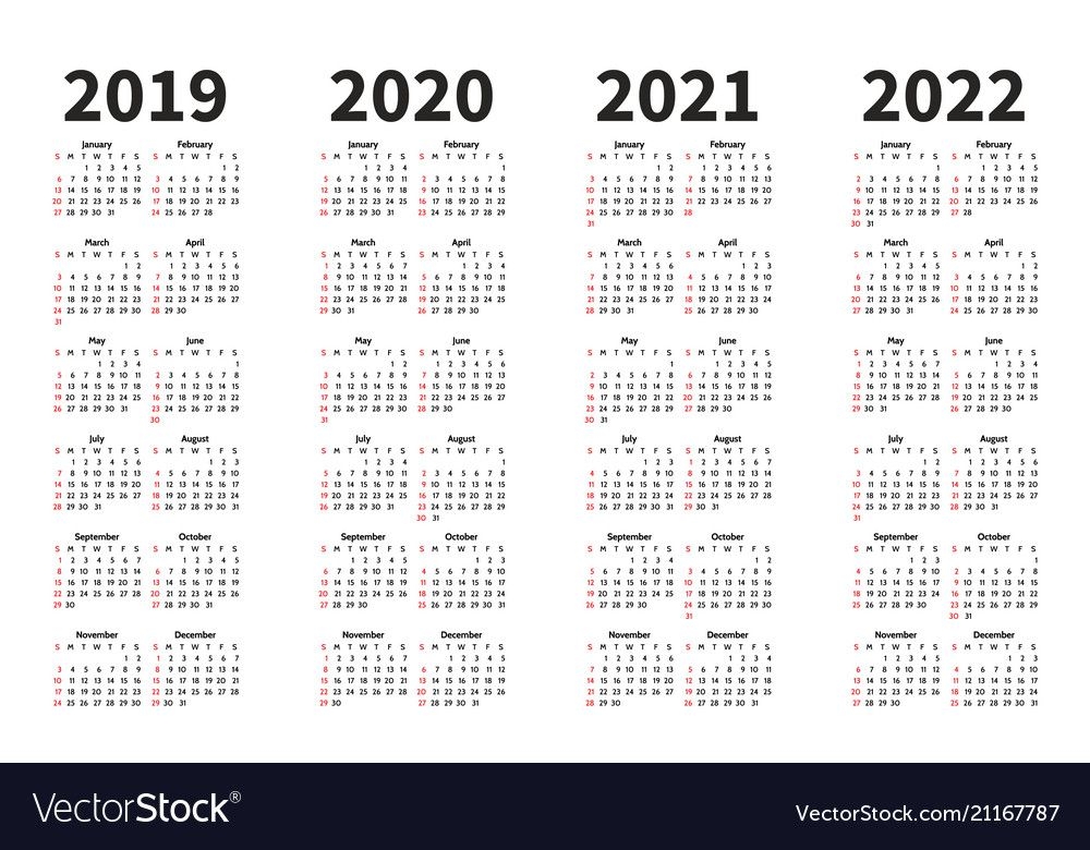 calendar 2019 2020 2021 and 2022 year royalty free vector