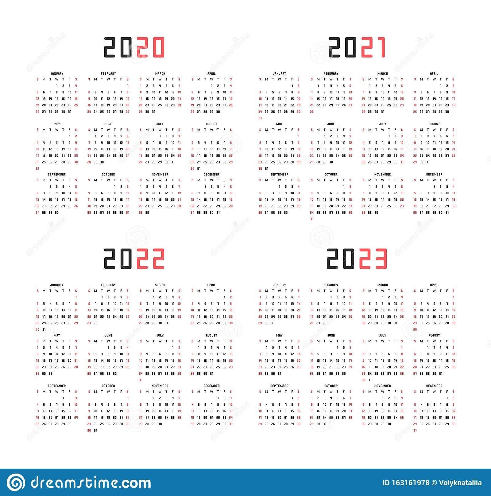 calendar 2020, 2021, 2022, 2023 stock vector