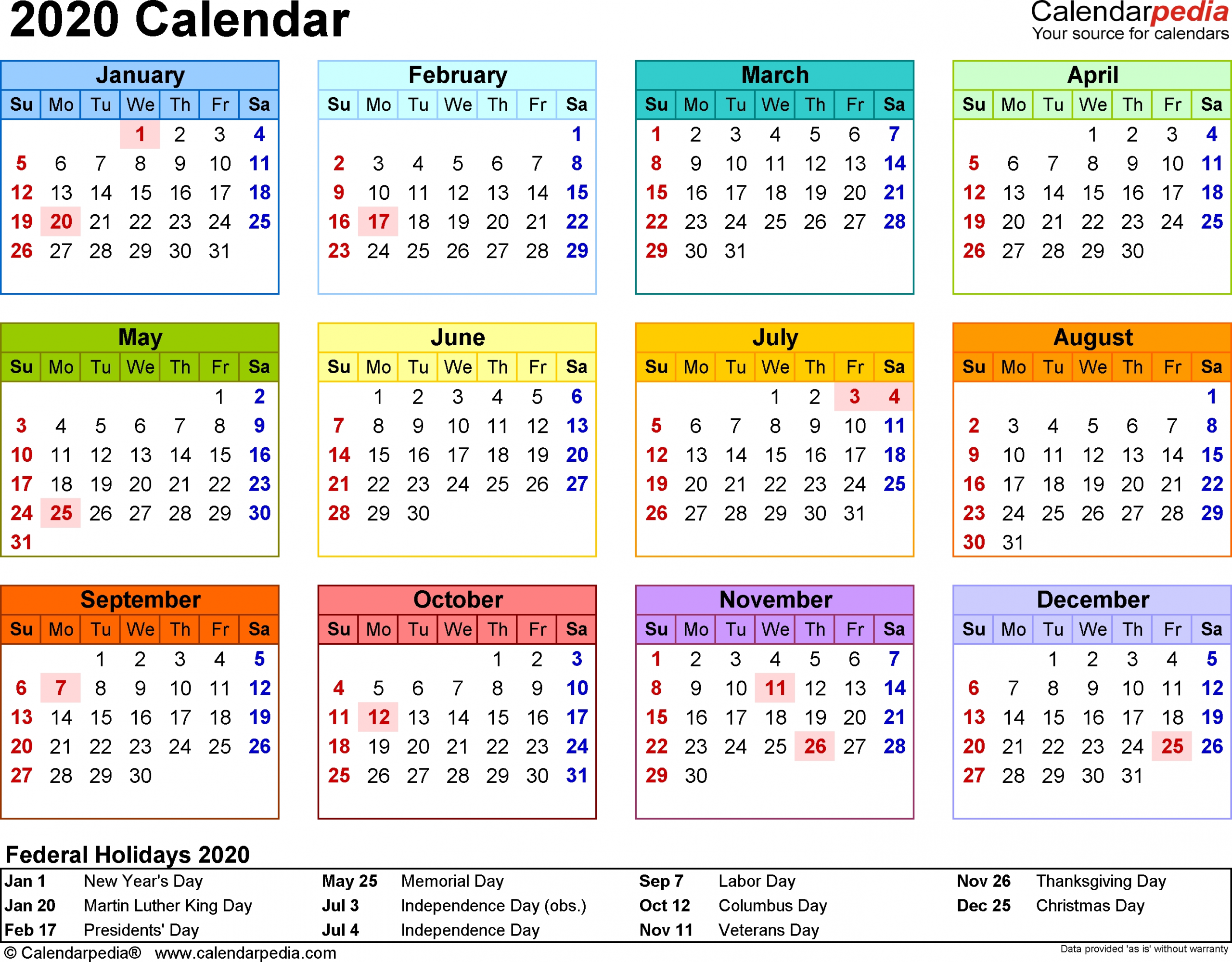 calendar 2020 year at a glance | calendar printables free