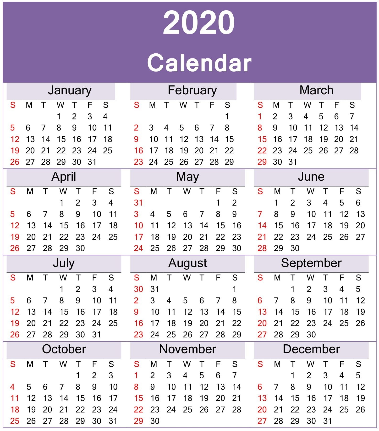 Calendar 2020 Yearly Printable Images 363