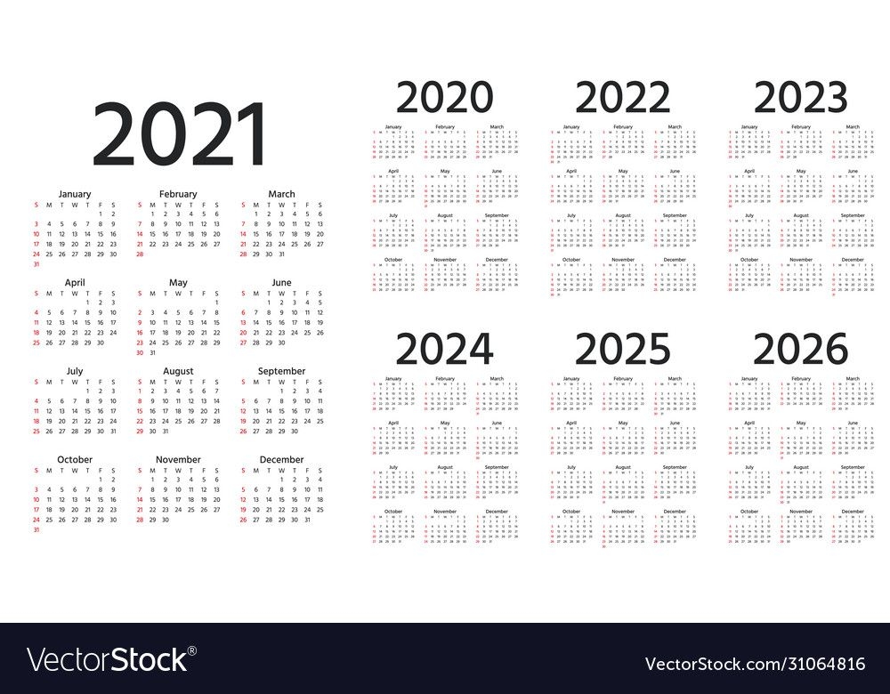 calendar 2021 2022 2023 2024 2025 2026 2020 years vector image