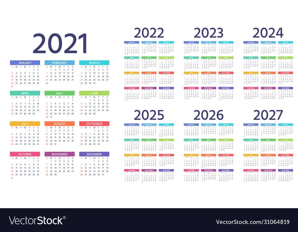 Calendar 2021 2022 2023 2024 2025 2026 2027 Years Vector Image