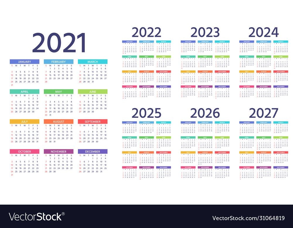 calendar 2021 2022 2023 2024 2025 2026 2027 years vector image