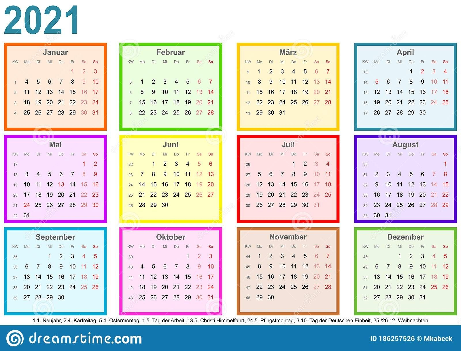 Calendar 2021 Each Month Different Colored Square Ger