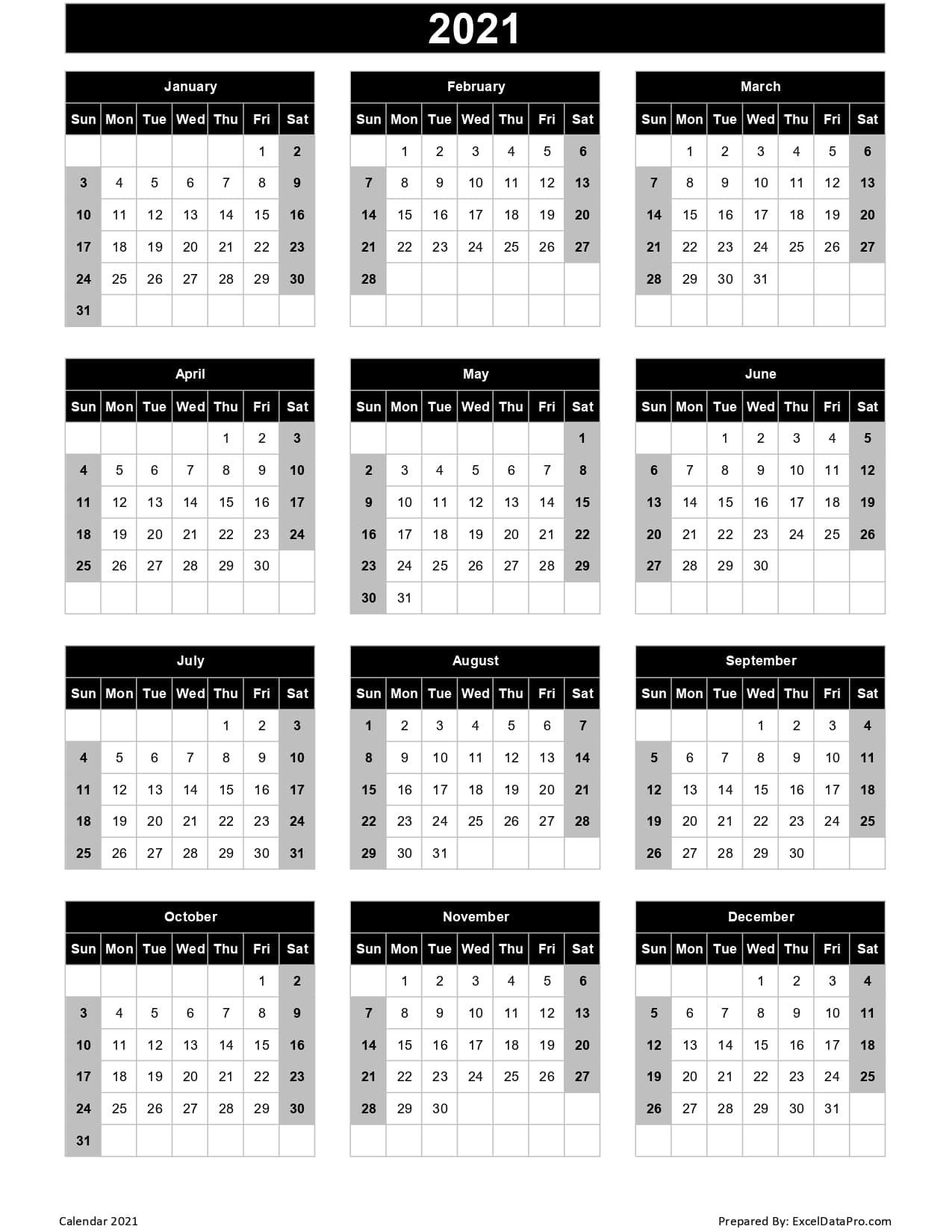 Calendar 2021 Excel Templates, Printable Pdfs & Images