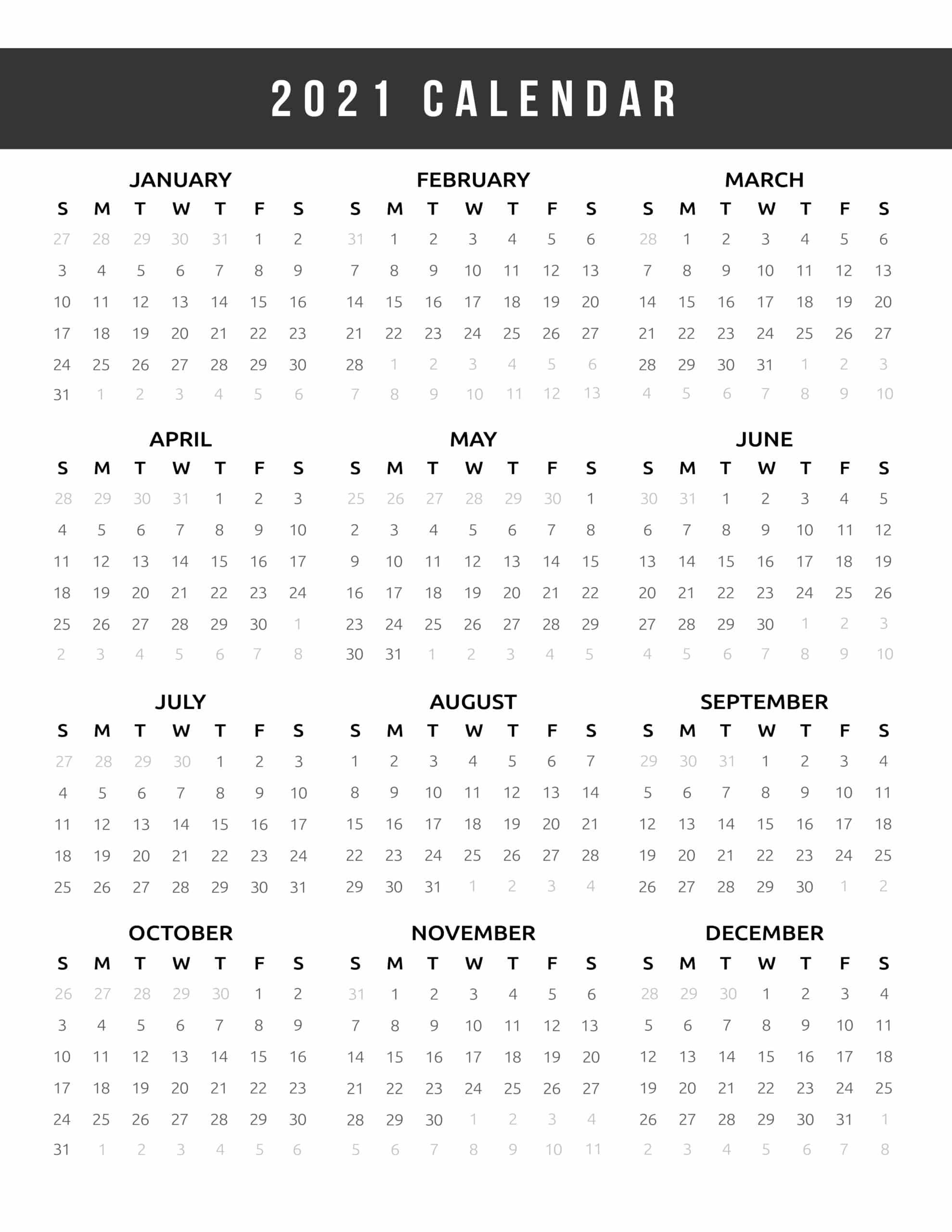 Calendar 2021 Printable One Page World Of Printables