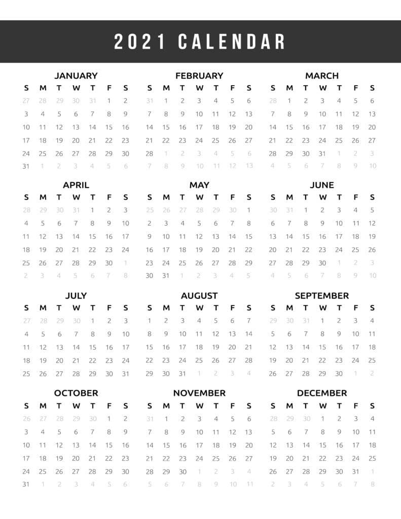 Calendar 2021 Printable One Page World Of Printables