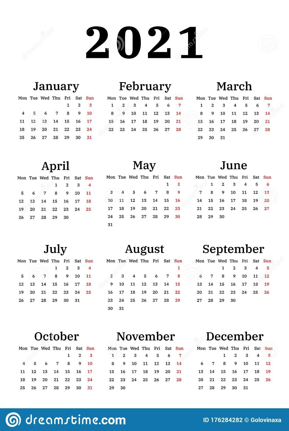 calendar 2021, week starts on monday stock vector