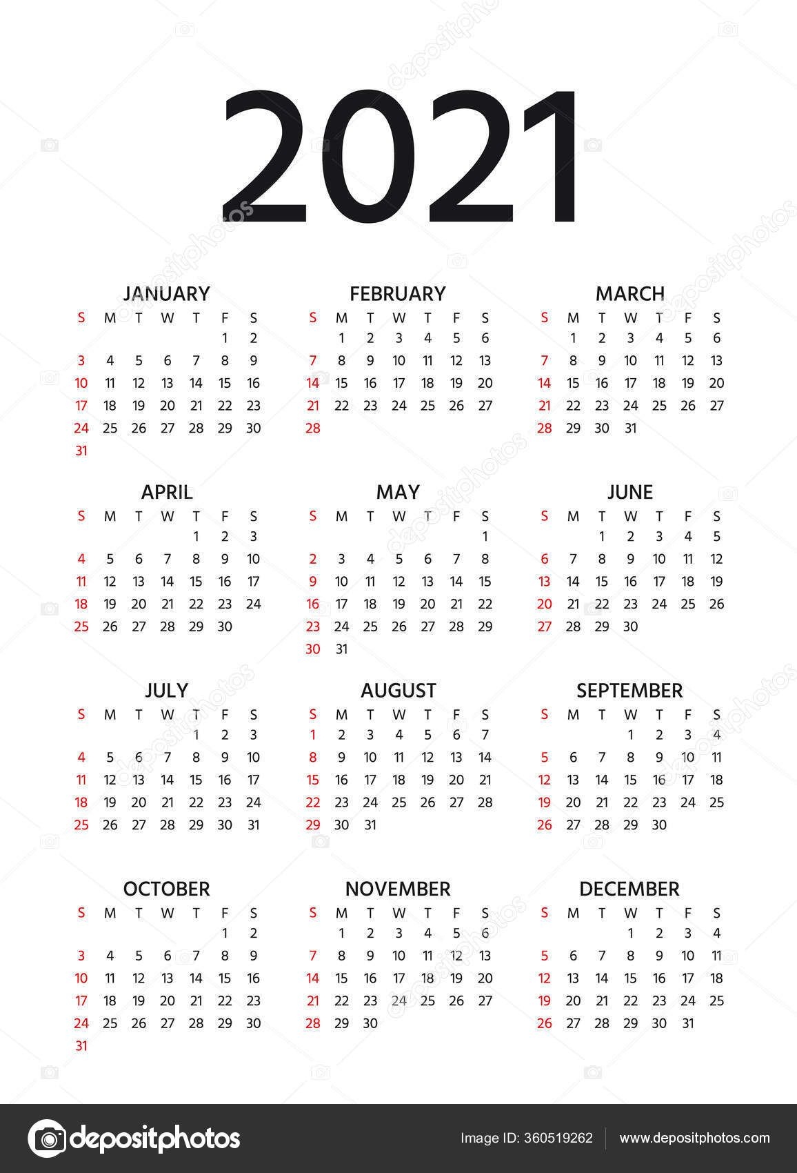 calendar 2021 year vector week starts sunday pocket