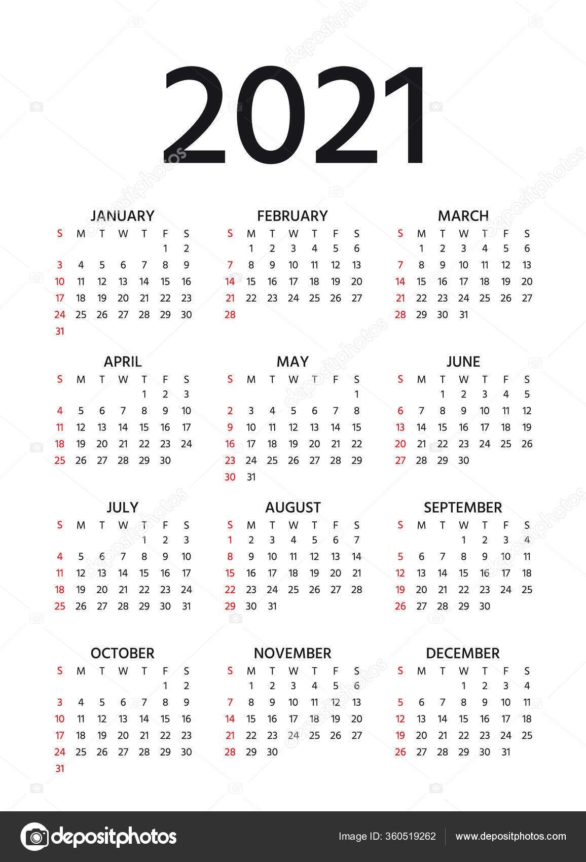 Calendar 2021 Year Vector Week Starts Sunday Pocket