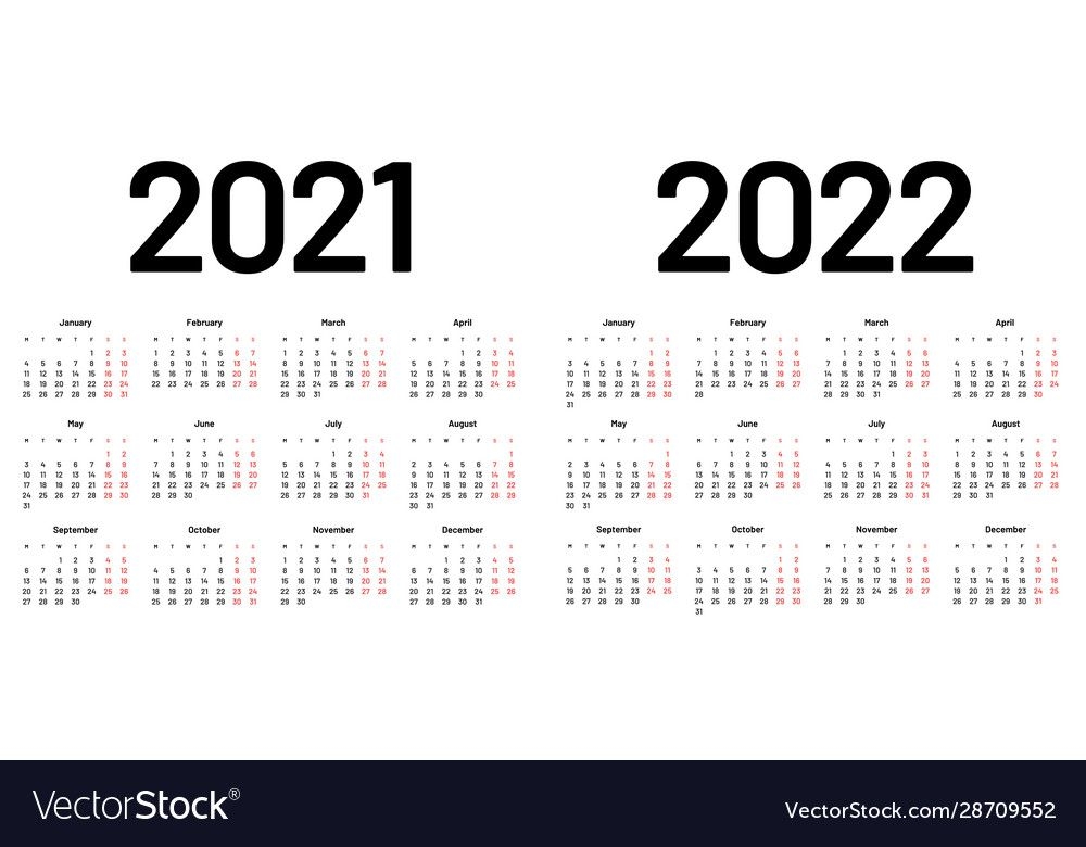 calendar for 2021 and 2022 year week starts on vector image