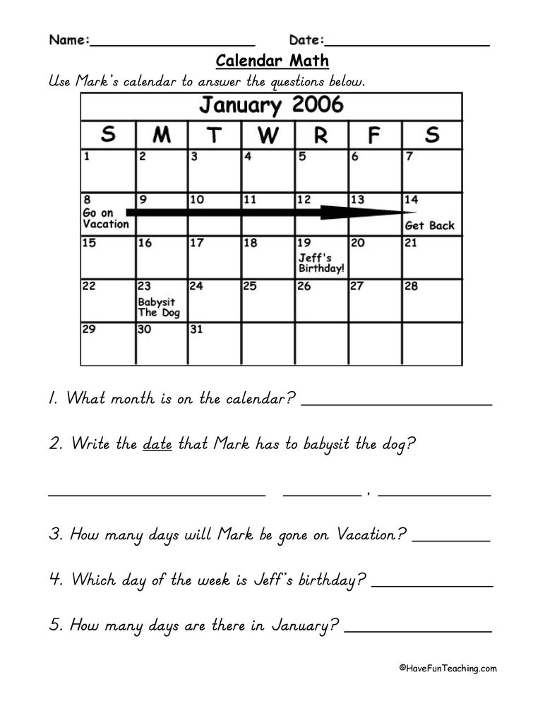 Calendar Math Worksheet • Have Fun Teaching