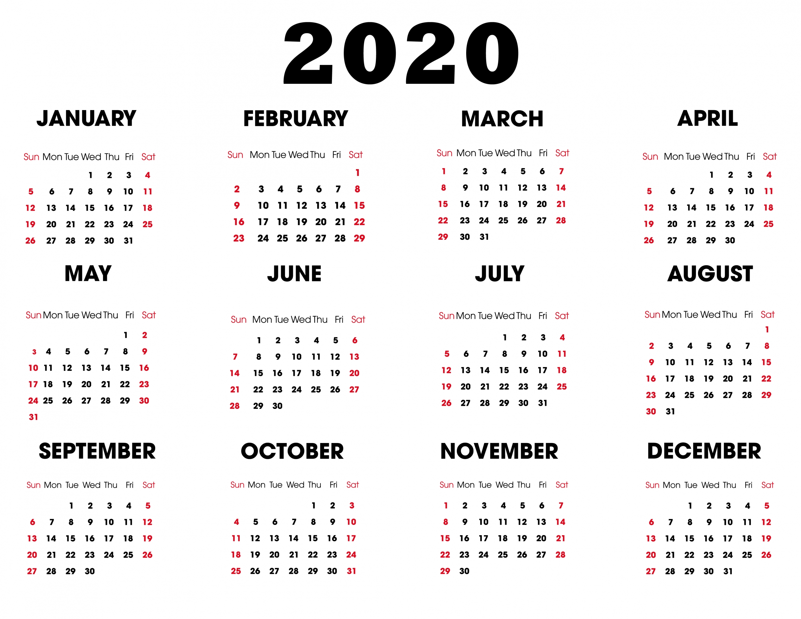 collect year at a glance calendar 2020 free editable