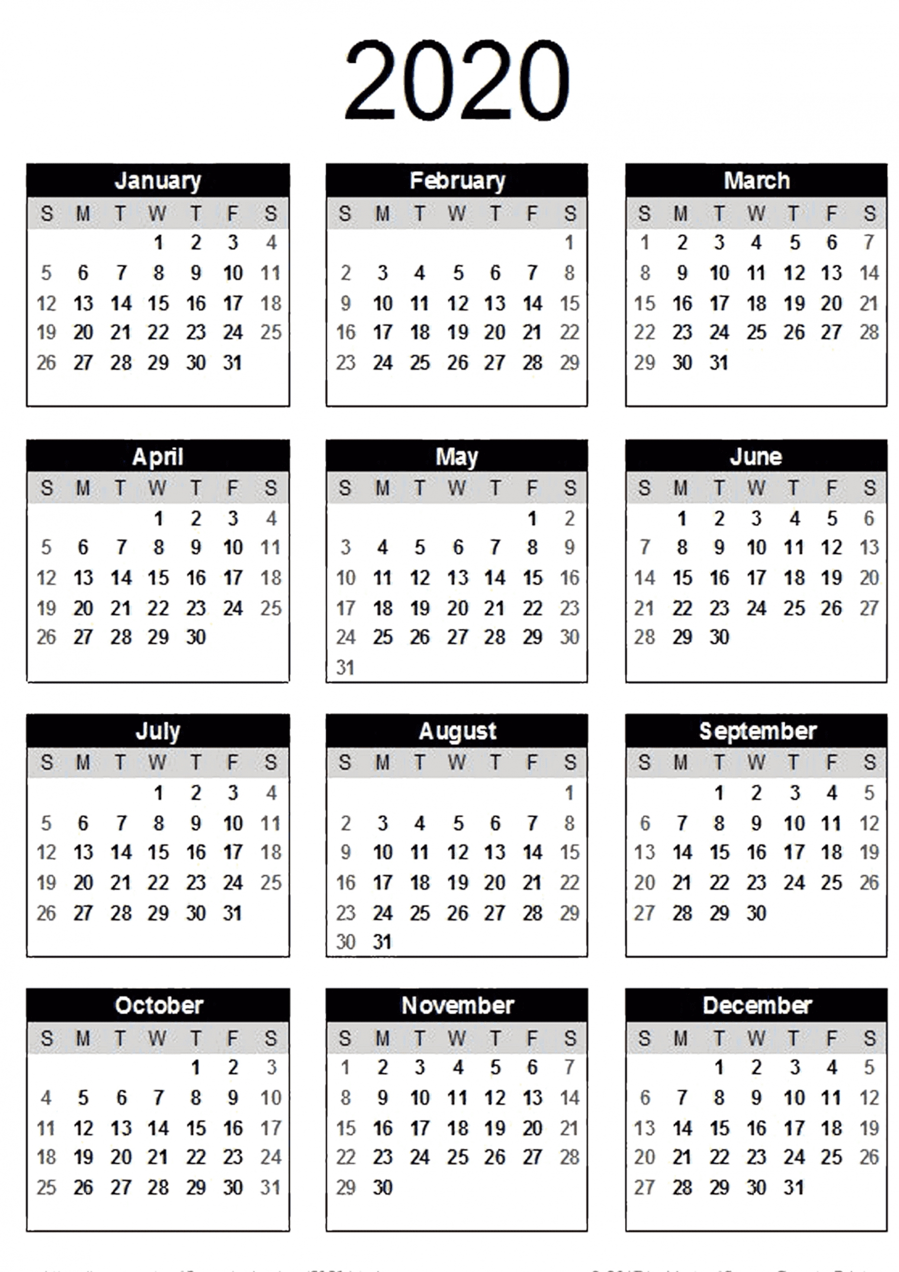 Collect Year At A Glance Calendar 2020 Free Editable