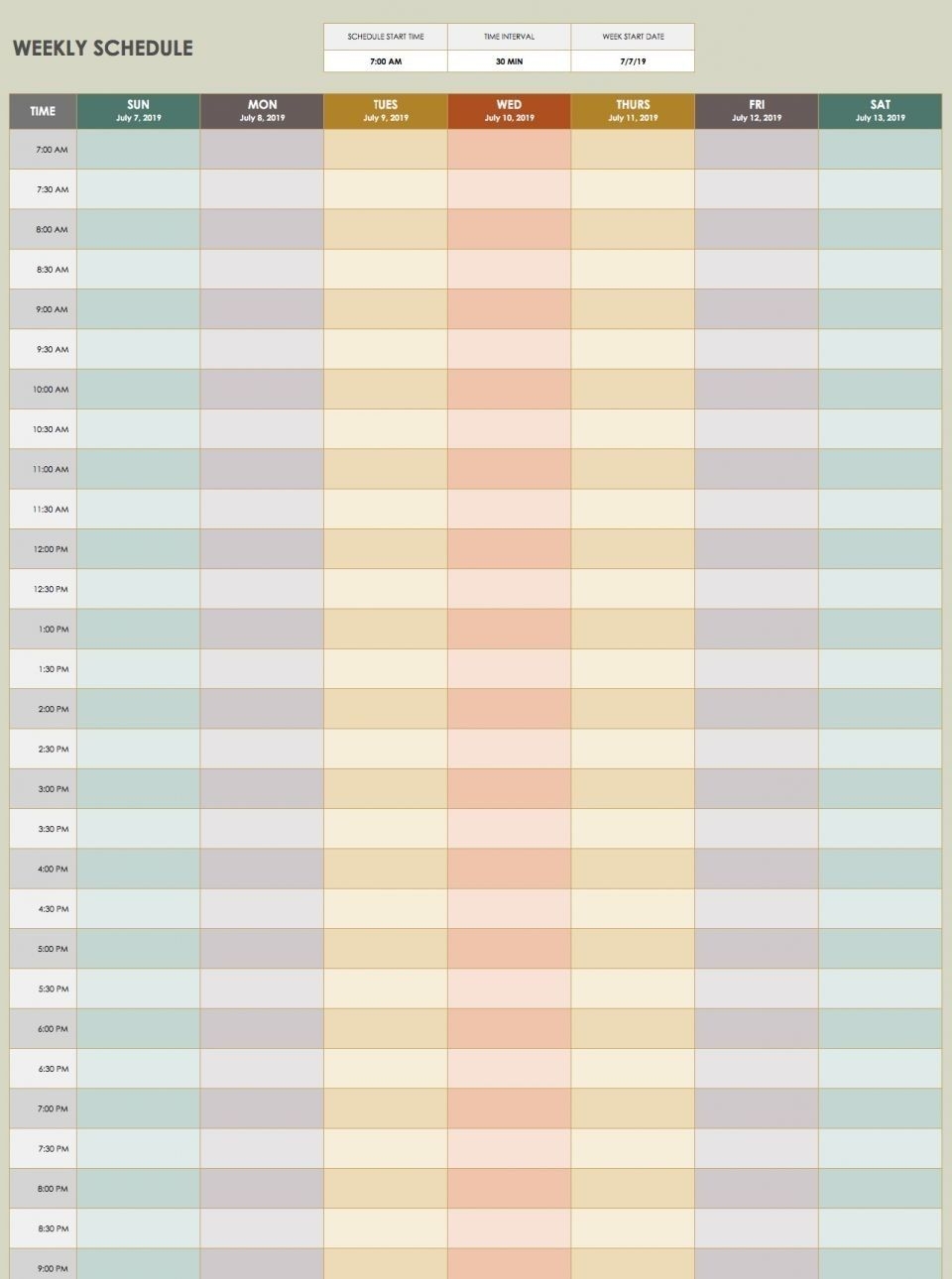 Daily Calendar Template 30 Minute Increments | Free