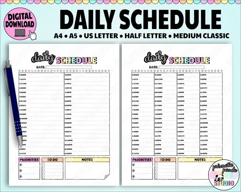 daily schedule printable 15 30 minute increment timetable