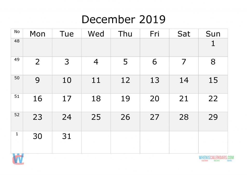 december 2019 calendar with week numbers printable, start