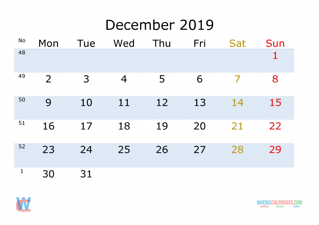 december 2019 printable calendar with week numbers monday