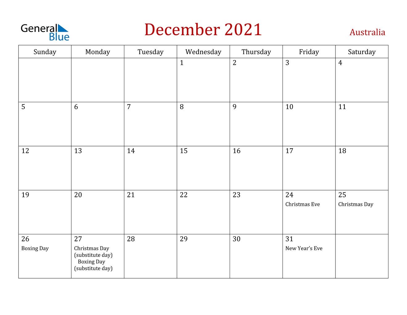 December 2021 Calendar Australia