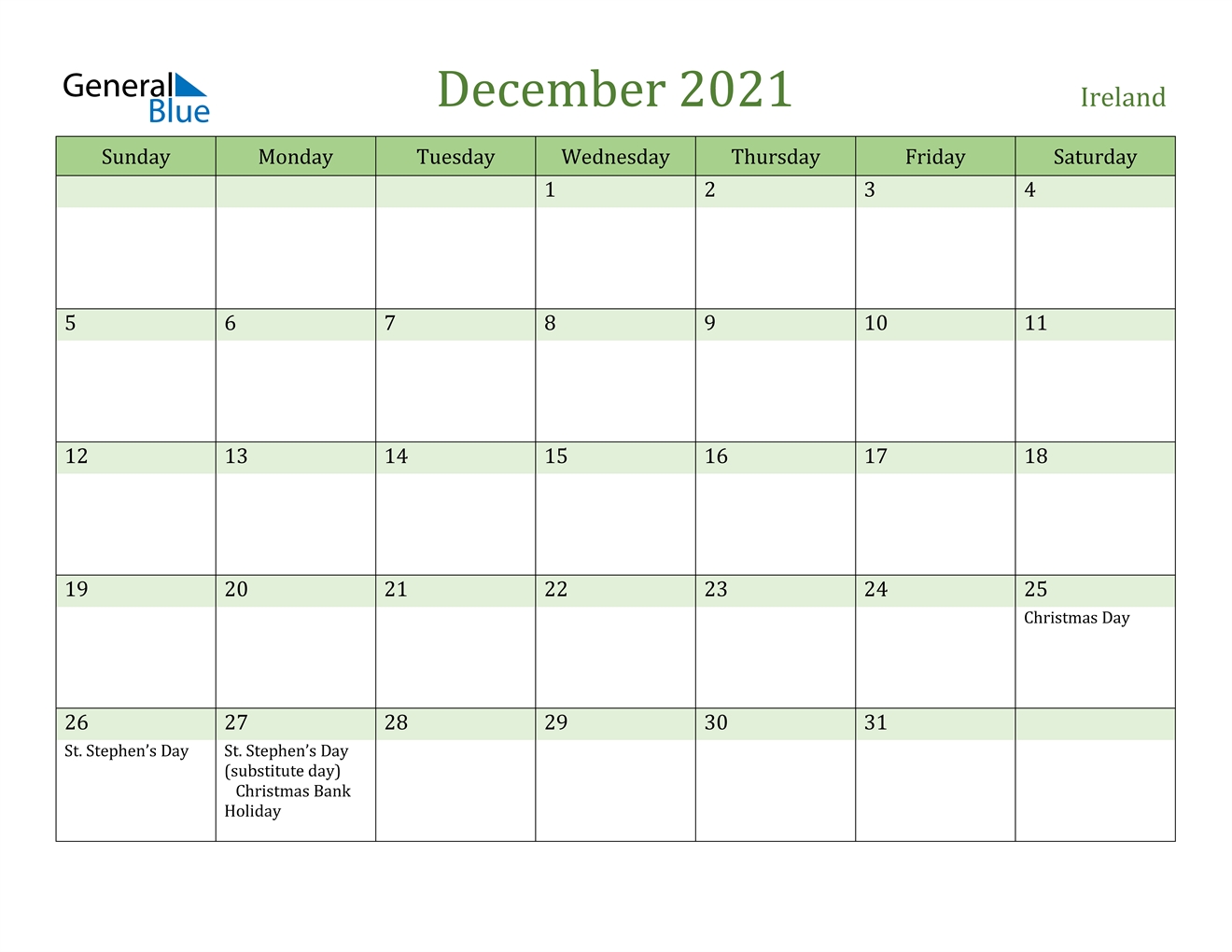 December 2021 Calendar Ireland
