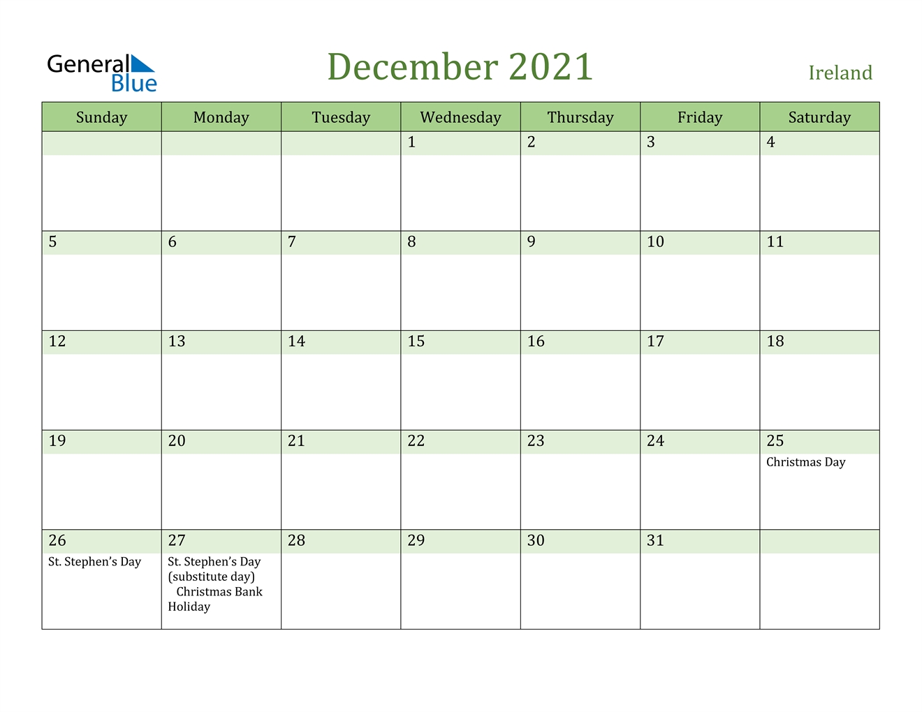 december 2021 calendar ireland