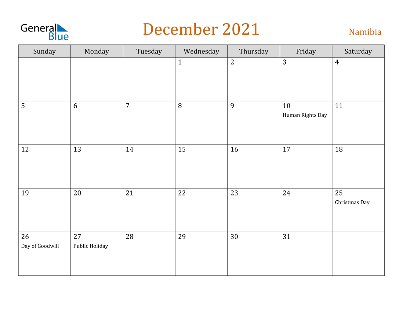 December 2021 Calendar Namibia