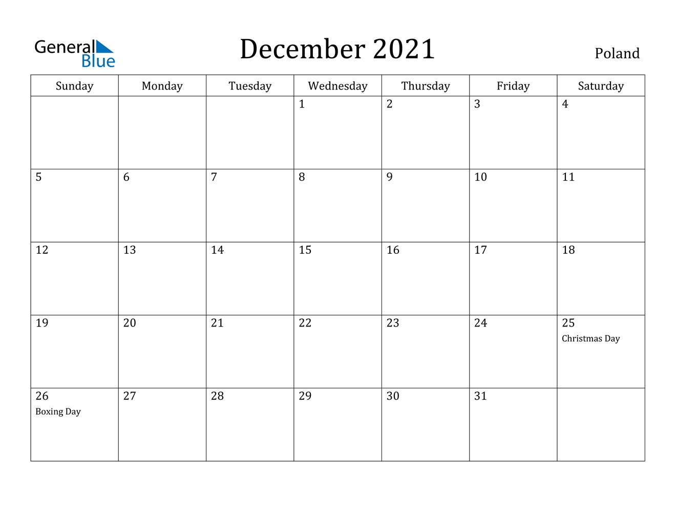 December 2021 Calendar Poland