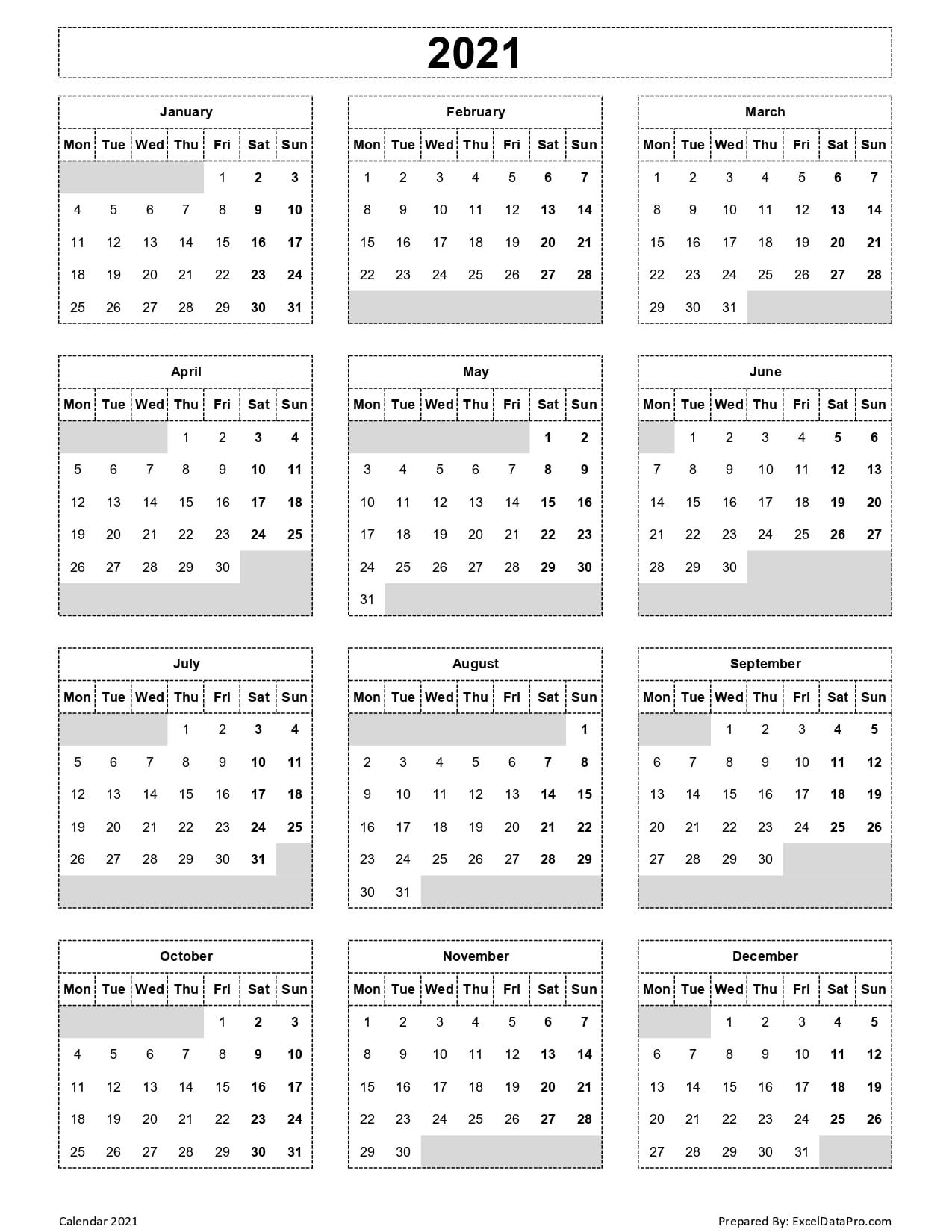 Download 2021 Yearly Calendar (mon Start) Excel Template