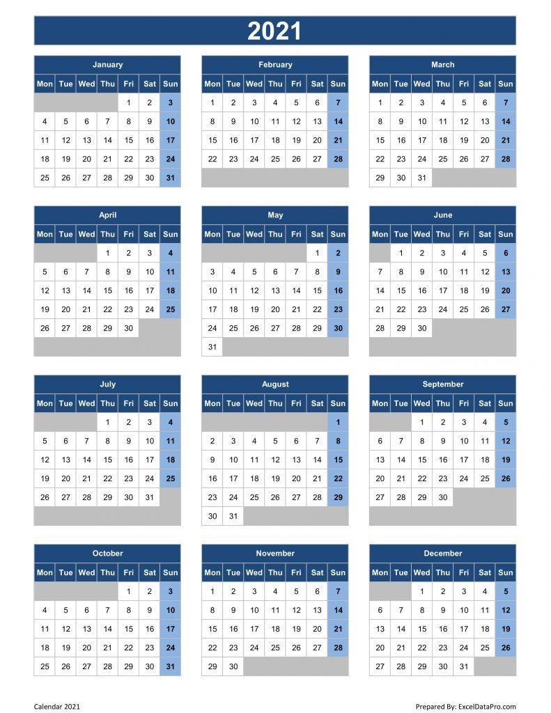 download 2021 yearly calendar (mon start) excel template