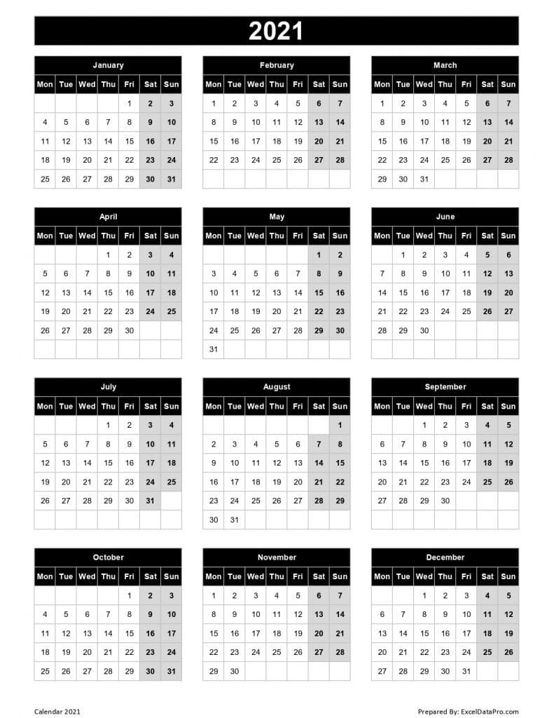 download 2021 yearly calendar (mon start) excel template