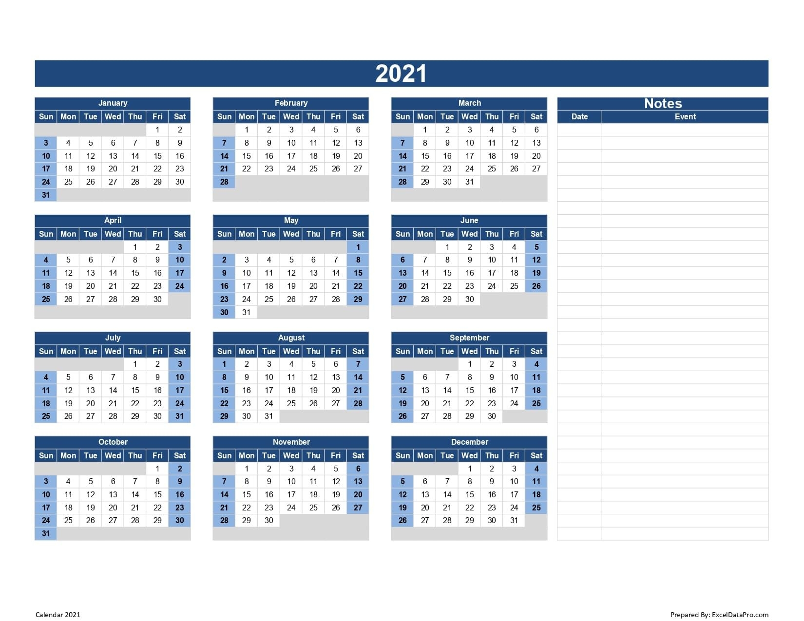 download 2021 yearly calendar (sun start) excel template