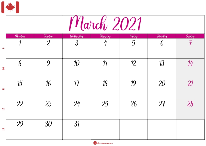 Download Free March 2021 Calendar Canada🇨🇦🇨🇦 With Weeks