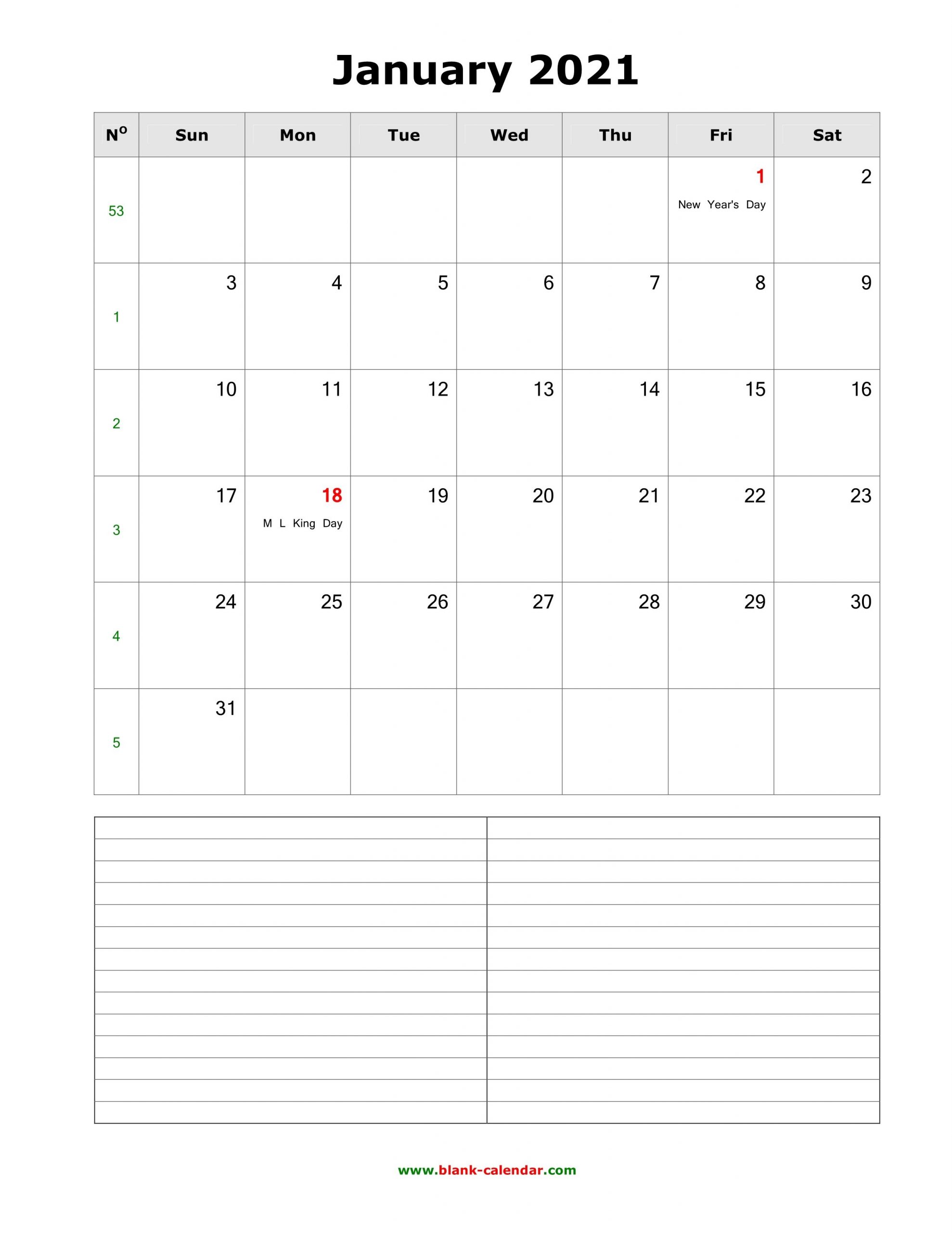 Download January 2021 Blank Calendar With Space For Notes